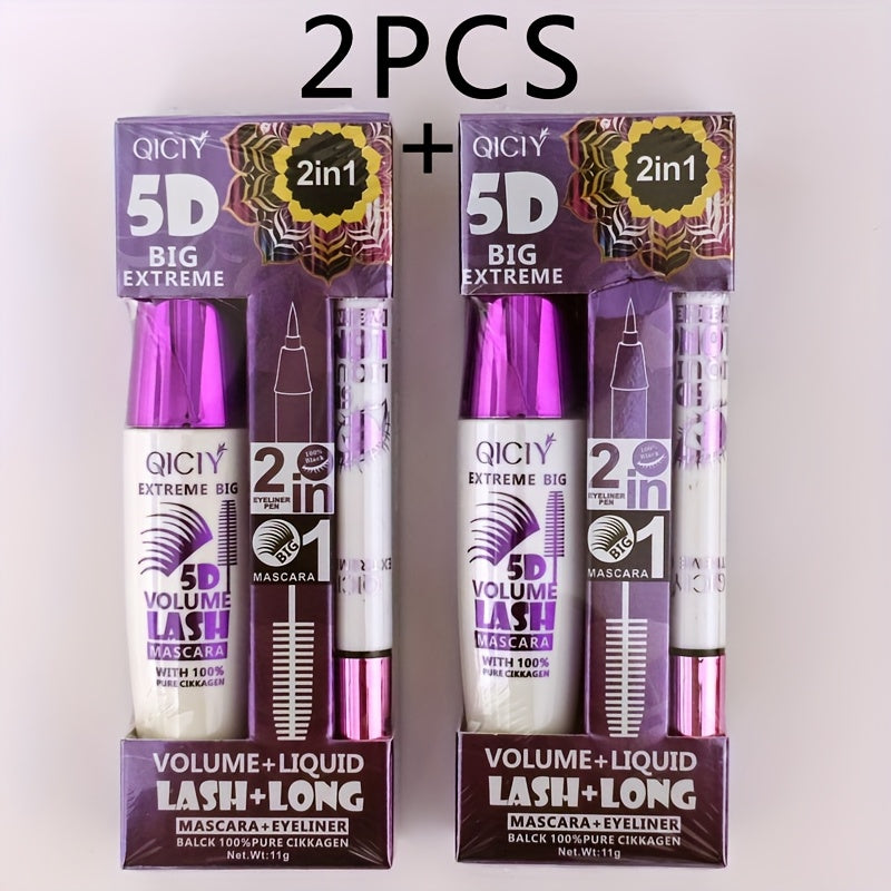 QICI 5D EXTREME 2in1 Mascara + Eyeliner Set - Waterproof, Long-Lasting, Smudge-Proof, Volume & Length Enhancing, Black Liquid Eyeliner with 10ml Brush, 24-Hour Wear, 1pc/2pcs, Beauty Essentials|Bold Eye Makeup|Smudgeproof Lin