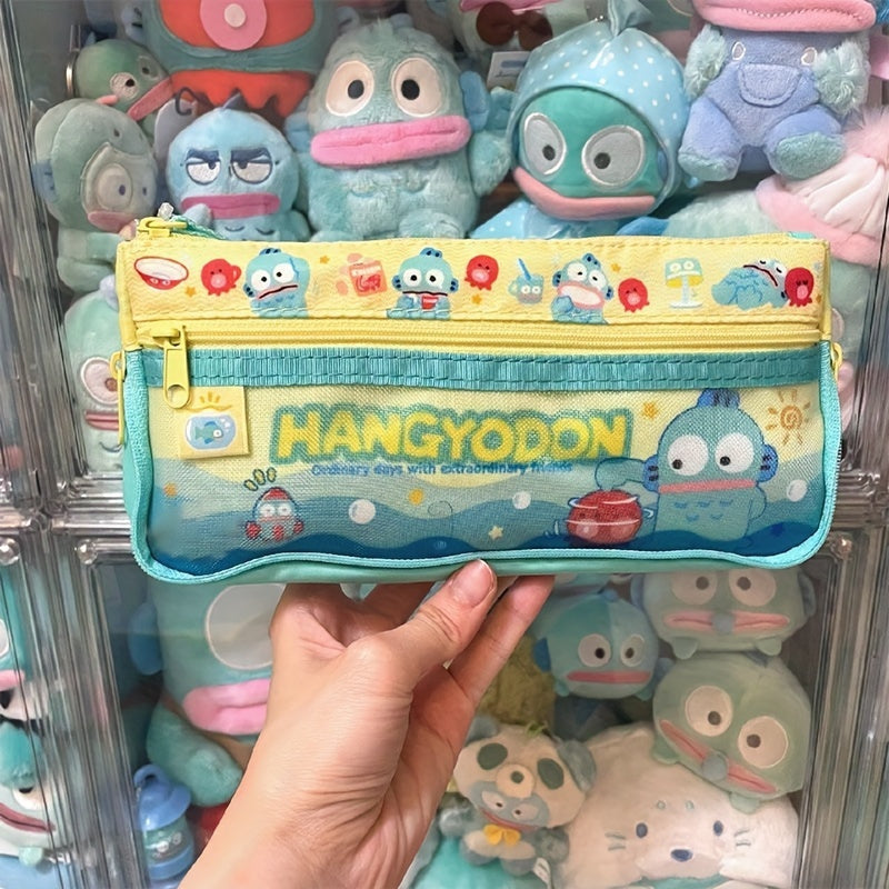 Sanrio Hangyodon Mesh Pencil Case - Cute Cartoon Character Design with Zipper, Durable Plastic Stationery Organizer, Mixed Colors, Perfect for School or Office Supplies