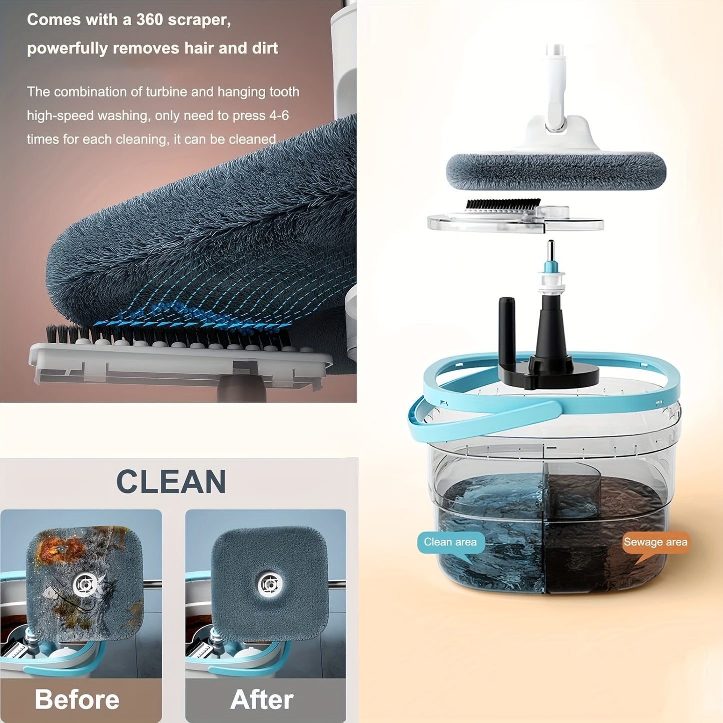 Microfiber Twist Mop and Bucket Set with 360-Degree Swivel Head, Square Spin Mop for Hardwood, Laminate Floors, and Pet Owners, Multiple Surfaces Wet & Dry Mop Kit, Living Room Kitchen Wall Floor Cleaning Tools