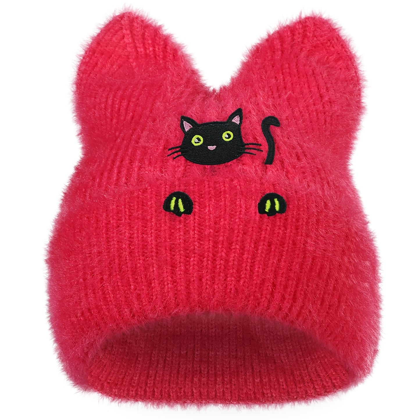 Black Cat Winter Knit Skull Cap with Cat Ears