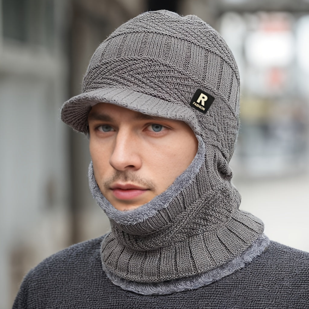 Men's Winter Beanie Hat with Integrated Neck Warmer and Fleece Lining