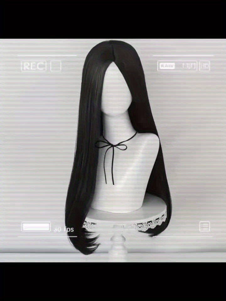 Anime Cosplay Wig 60cm, Unisex Black Long Straight Hair with Middle Part, Heat Resistant Synthetic Wig with Buckle Net Cap for Halloween, Christmas, Conventions and Parties