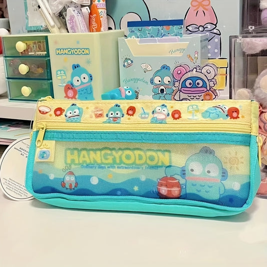 Sanrio Hangyodon Mesh Pencil Case - Cute Cartoon Character Design with Zipper, Durable Plastic Stationery Organizer, Mixed Colors, Perfect for School or Office Supplies