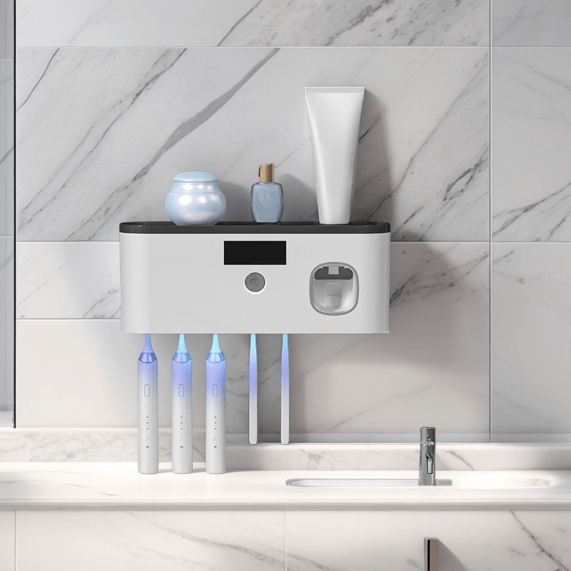 Sleek Modern UV Sanitizing Toothbrush Holder, Wall-Mounted Bathroom Organizer, No-Drill Installation, USB Rechargeable Lithium Battery, Plastic Material, with Built-in Light for Effective Cleanin