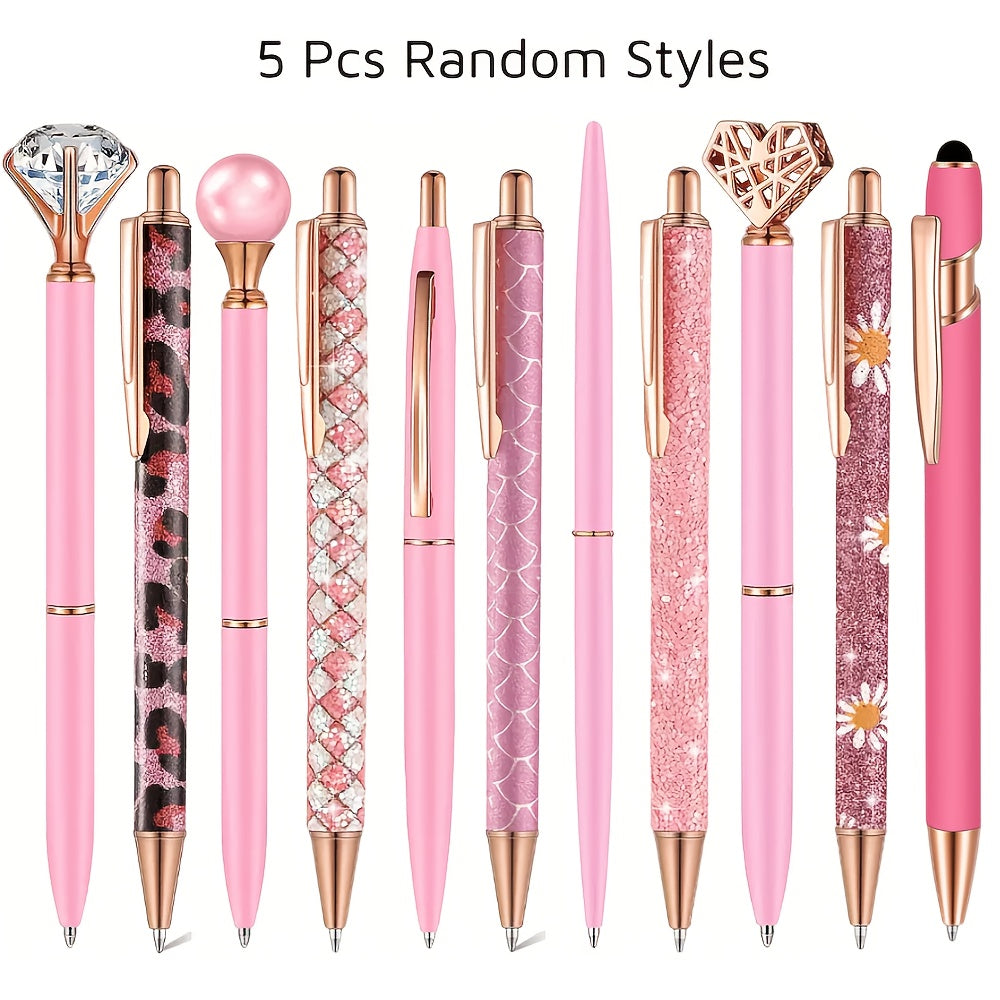 [5pcs Crystal Pens] 5pcs Metal Ballpoint Pens Set, Crystal Diamond Pen for Journaling | Glitter Stationery, Black Fancy Gifts for Teacher Office Wedding Back to School Christmas Graduation Supplies
