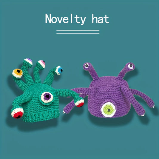 Novelty Handmade Crochet Knit Beanie, Funky Style Acrylic 100% No Brim Colorful Knit Fabric Hat, Unique Quirky Design for Casual Wear