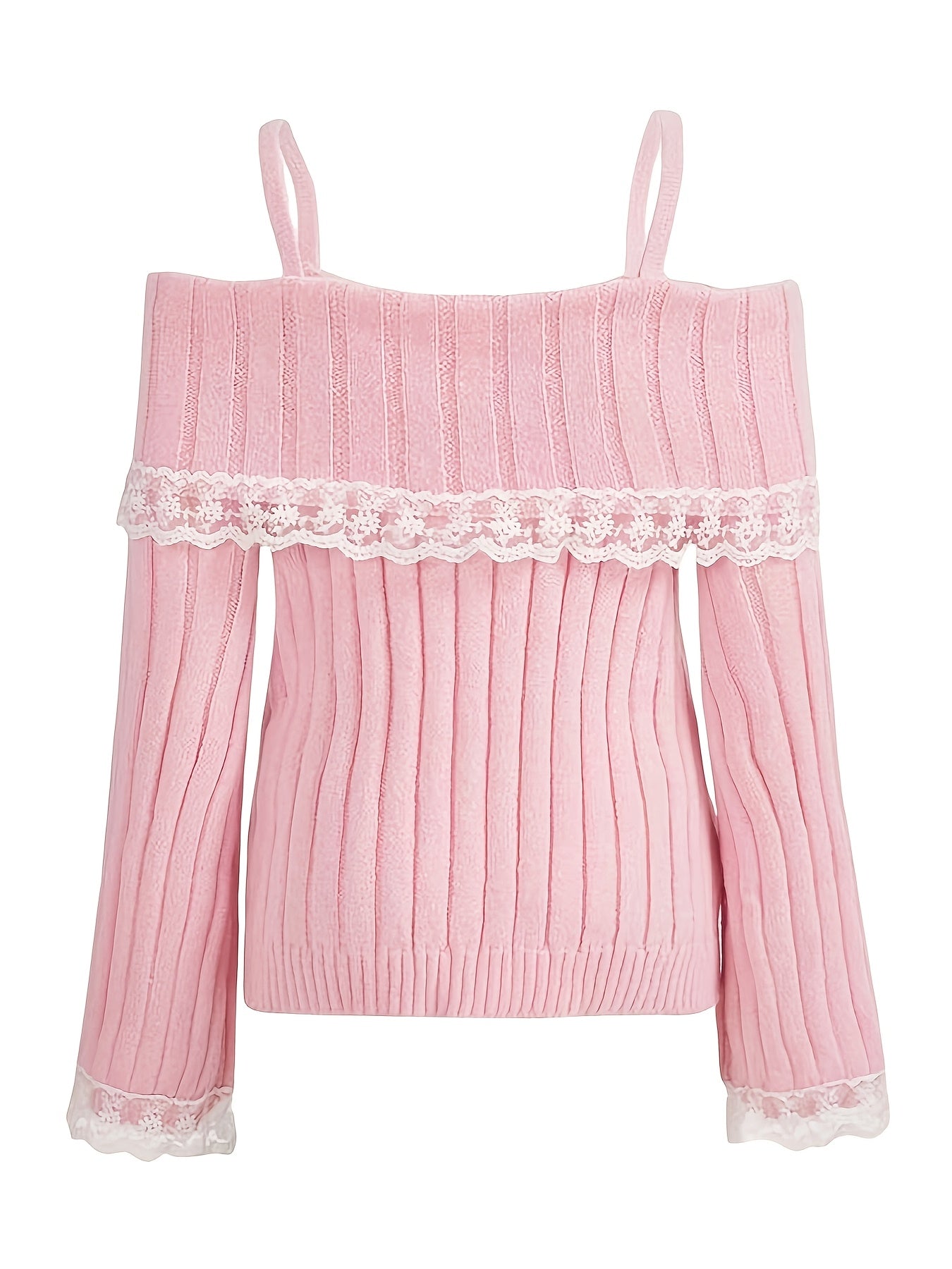 [Solid Color Slight Stretch Sweater] Cute Off the Shoulder Knitted Sweater, Long Sleeve Solid Color Pullover with Contrast Lace, Viscose Material, Slight Stretch, Regular Length, Fall/Winter Season