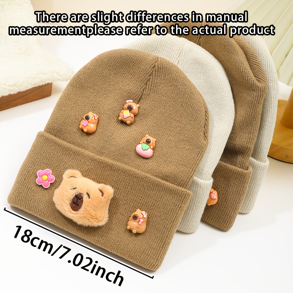 ' Cute Capybara & Floral Winter Hat - Soft & Brown Beanie with Capybara Face & Floral Accents, Cozy Unisex Beanie for Fall/Winter, Perfect for Travel & Gifts, Winter Hat, Gift For, Playful Design, Soft Fabric