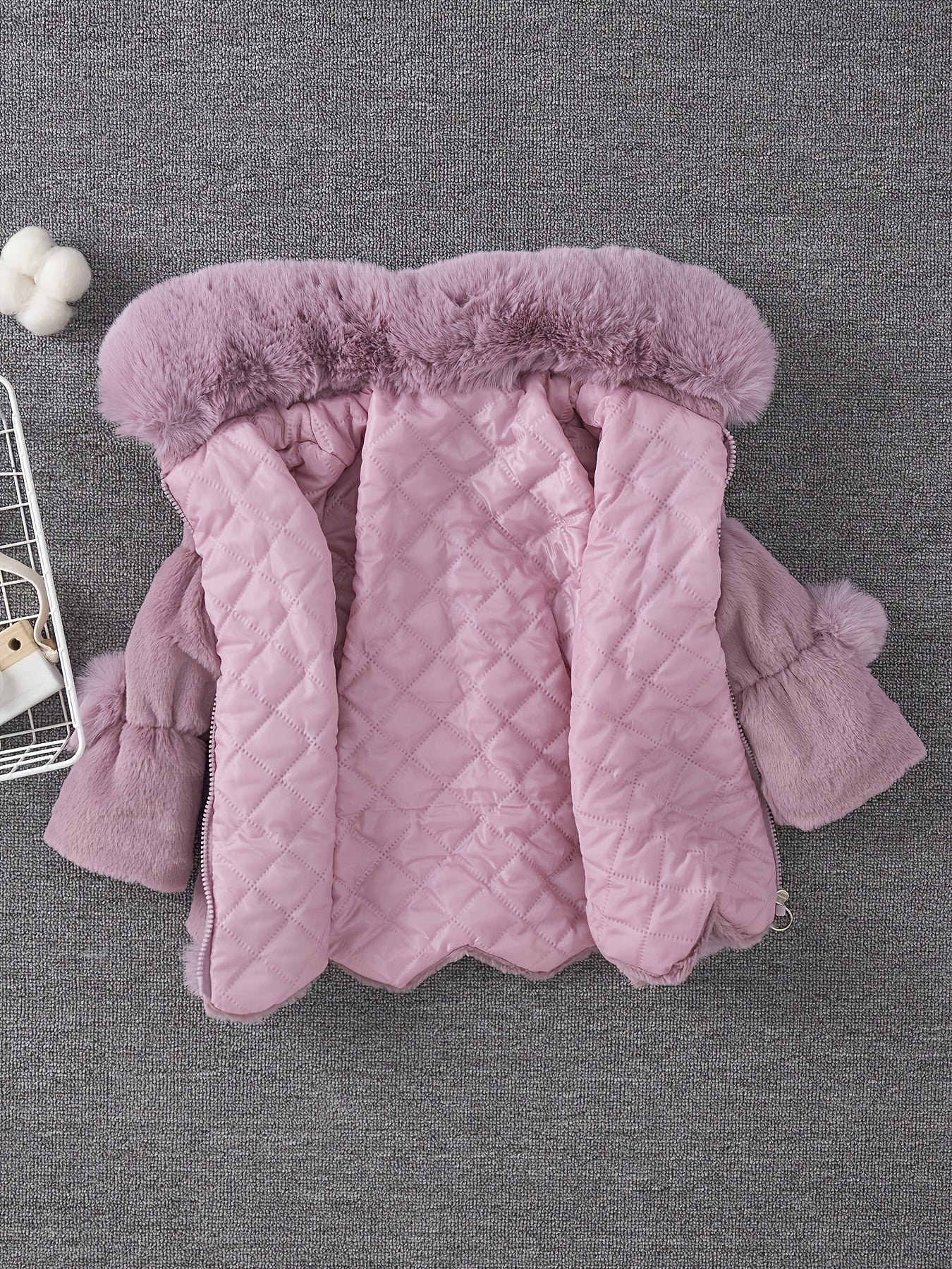 Girls' Winter Coat with Plush Fur-Lined Hood - Thick Fleece-Lined Zipper Front, Flared Hem & Pom-Pom Details, Cute Solid Color Outerwear for Fall/Winter, Cozy Warm Jacket for Cold Weather, Cozy Winter Wear, Playful Design, So