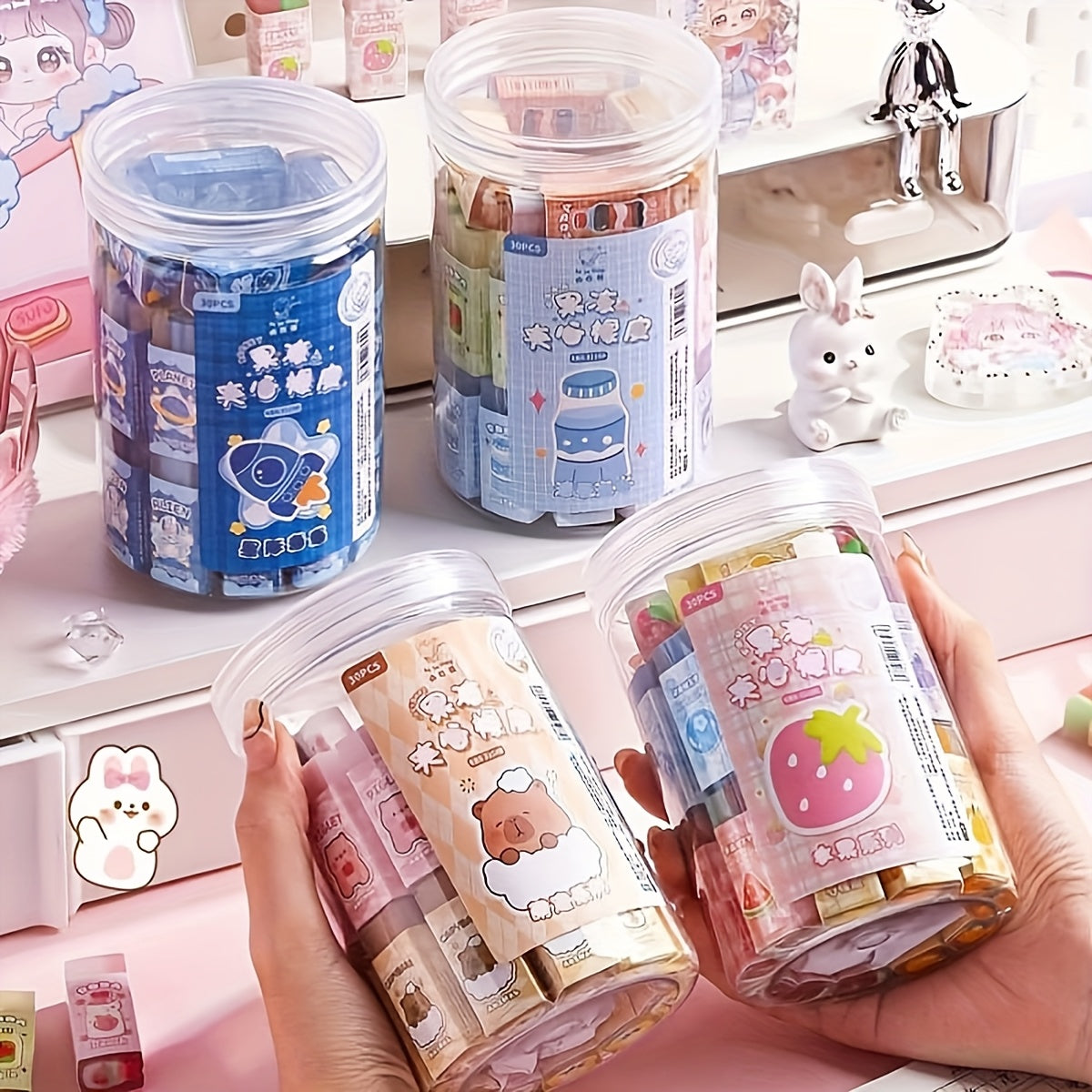 30pcs Cute Cartoon Animals & Fruits Erasers, Rectangular Shape with Charming Designs, Transparent Synthetic Rubber, Perfect for Students' School Supplies or Small Gifts
