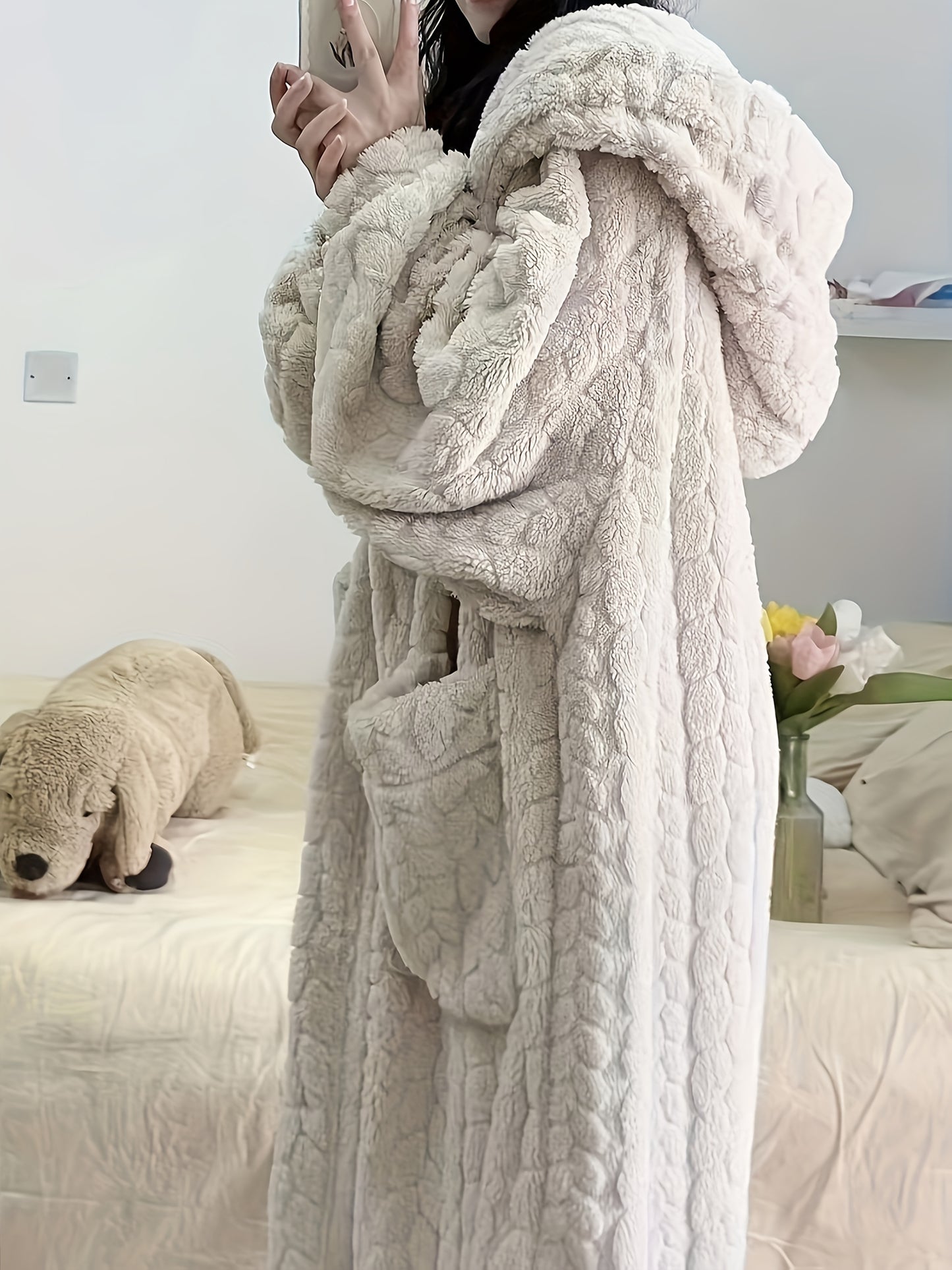 Cozy Coral Fleece Hooded Robe for Women - Long, Warm & Soft Lounge Dress with Pockets, Machine Washable - Perfect for Fall/Winter