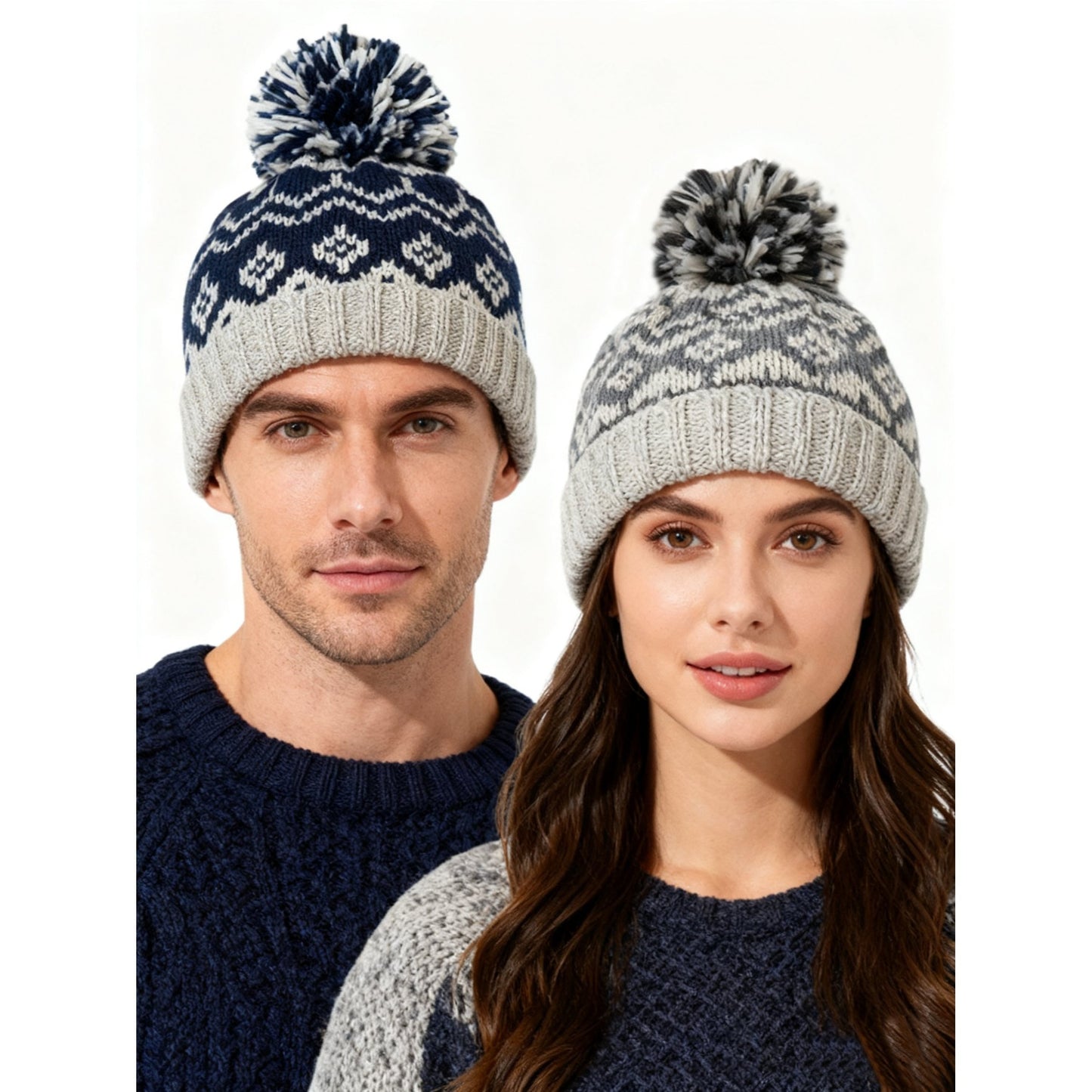 2-Pack Nordic Knit Beanie Hats with Pom-Poms