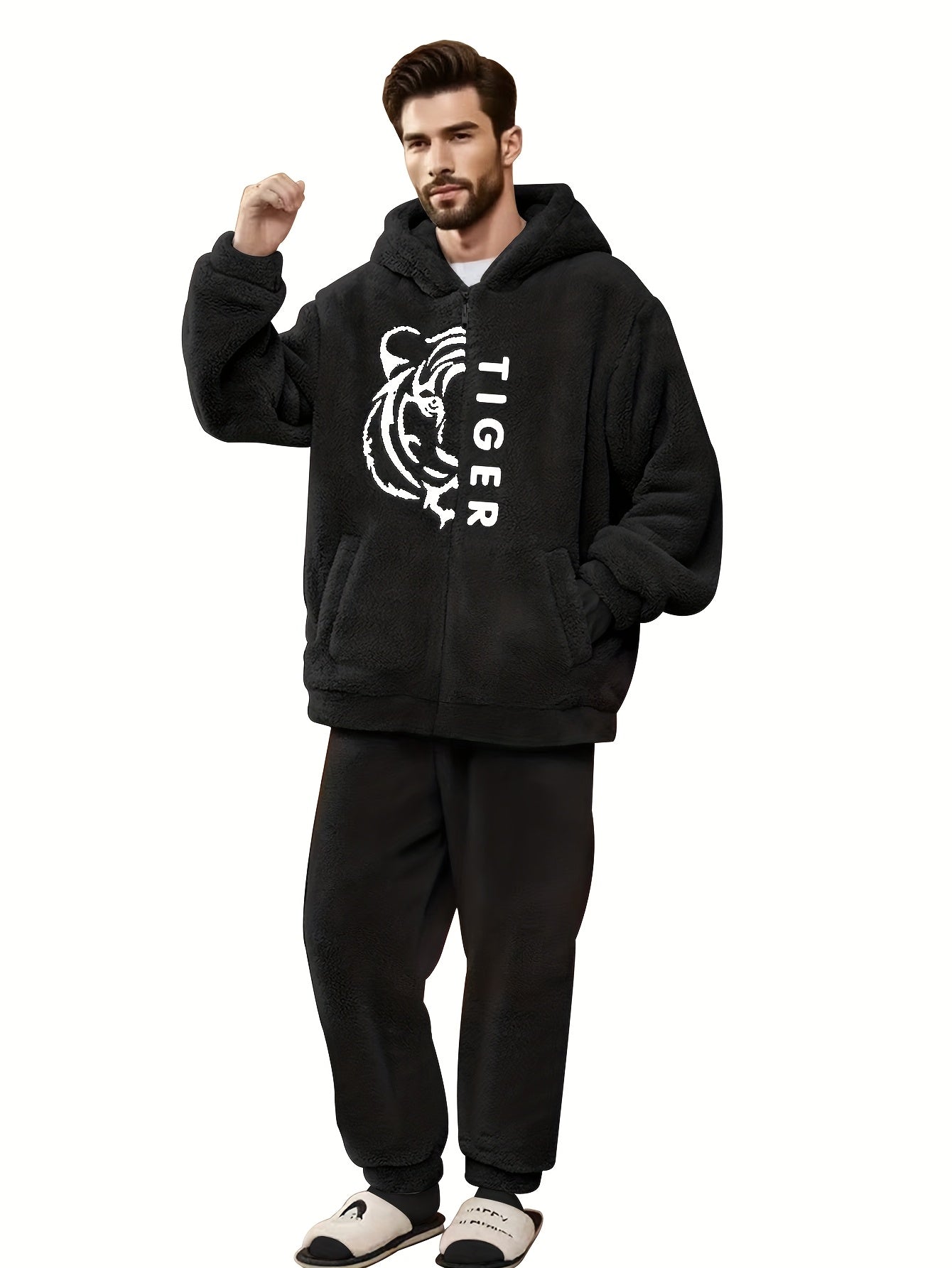 Flannel 2025 Winter New 2-Piece Tiger Embroidered Long Pants Loungewear Set.