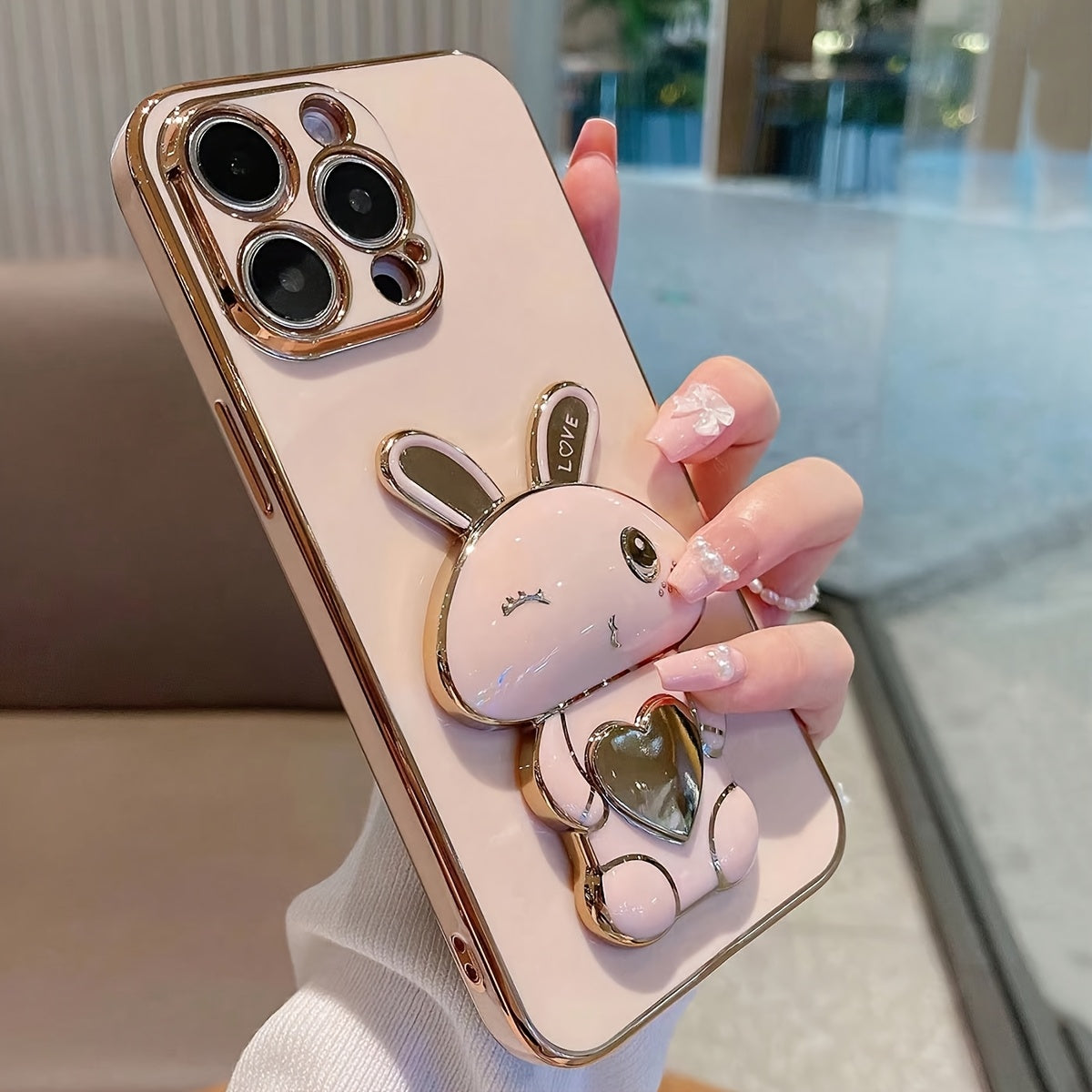 A Cute And Minimalist Electroplated Rabbit Stand Case Designed for Iphone 11, Iphone 13, Iphone 14, Iphone 13 Pro Max, Iphone 14 Pro Max, Iphone 15, Iphone 15 Pro, Iphone 5 Pro Max, Iph