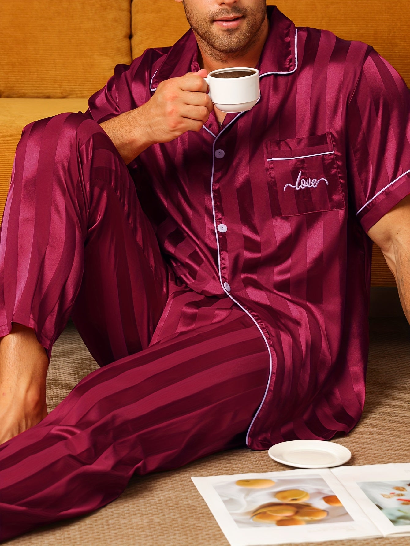 2pcs Men'S Pajama Set Short Sleeve Long Pants Thin Stripes with Embroidered Letters Summer Collar Cardigan Home wear Set