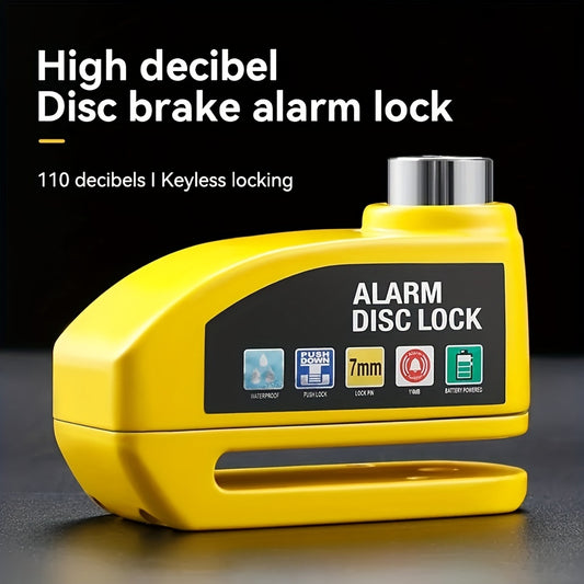 Portable Alarm Bicycle Disc Brake Lock Designed for Outdoor Cycling And Scooter Use, Equipped with a Reminder Rope. It Features a Fully Metal Casing with a Spray Coating, a 7Mm Push-Down Lock Pin, And a Sensitive Se