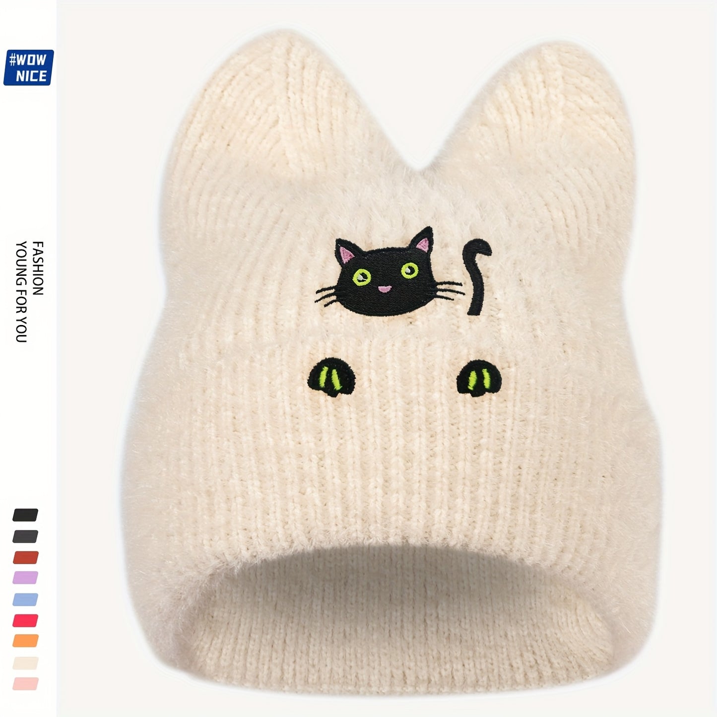 Women's & Men's Black Cat Ear Beanie Hat with Hand