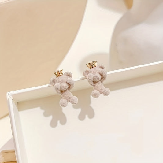 Cute Plush Bear Stud Earrings With Crown | Jewelry Gift