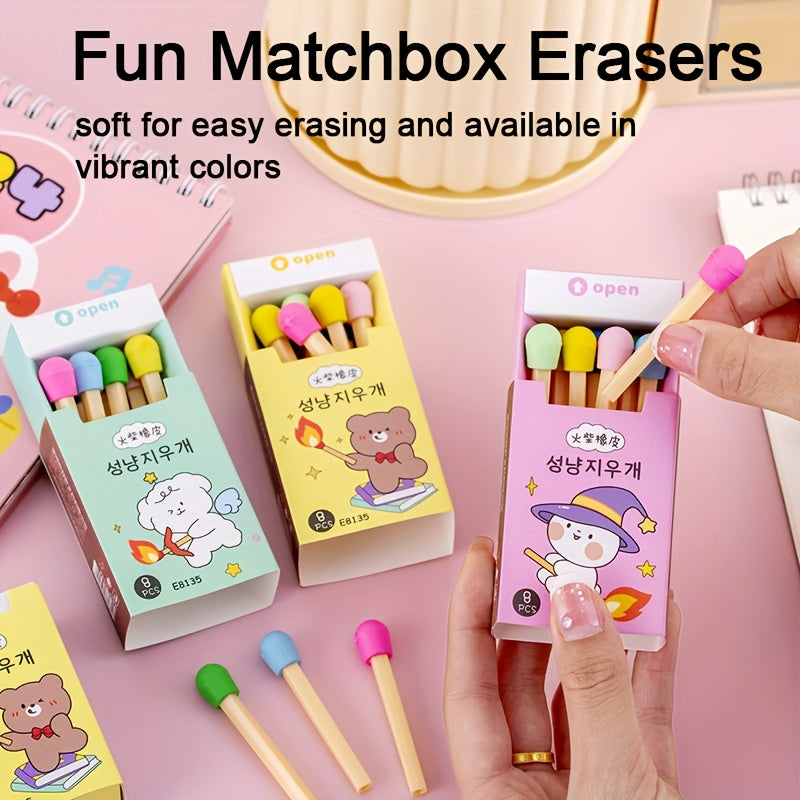 1 Box of 8 Fun Erasers - Creative Colorful Mini Matchstick Shaped Erasers, Holiday Gifts and Rewards, Boxed Eraser Set, Suitable for Christmas/New Year/Thanksgiving/Birthday/Family Gathering, Ideal for Adults over 14 Years Ol