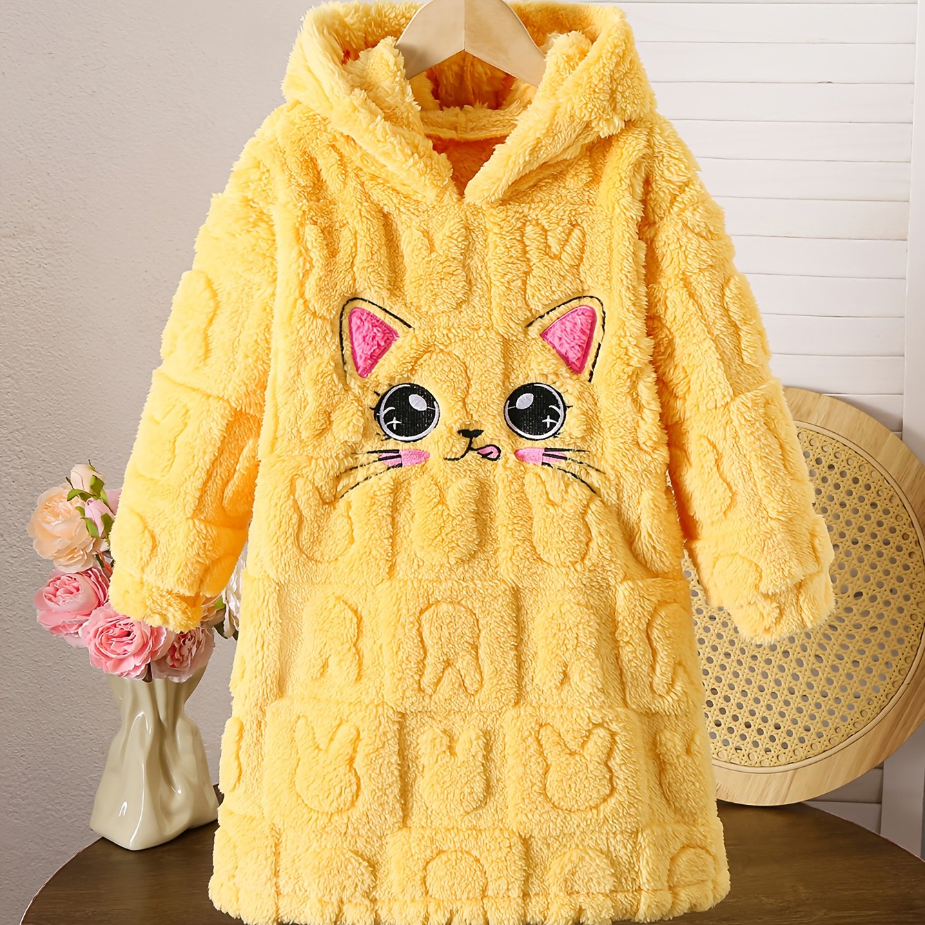 Girls' Plush Rabbit Coat Dress with Fluffy Collar & Bow - Cozy Winter Warmth,.