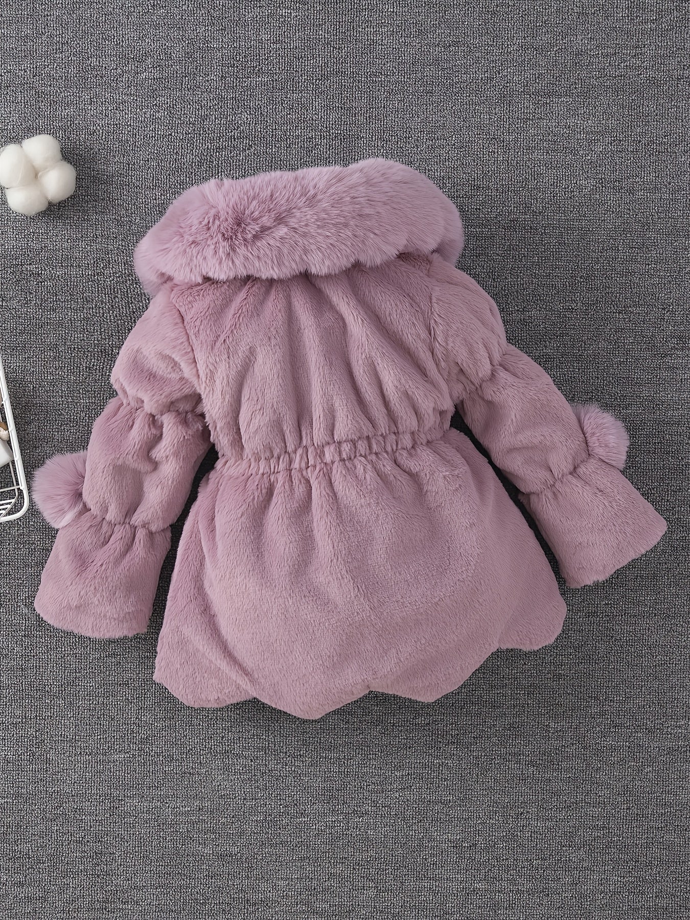 Girls' Winter Coat with Plush Fur-Lined Hood - Thick Fleece-Lined Zipper Front, Flared Hem & Pom-Pom Details, Cute Solid Color Outerwear for Fall/Winter, Cozy Warm Jacket for Cold Weather, Cozy Winter Wear, Playful Design, So