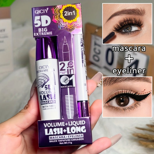 5D EXTREME 2in1 Mascara + Eyeliner Set - Waterproof, Long-Lasting, Smudge-Proof, Volume & Length Enhancing, Black Liquid Eyeliner with 10ml Brush, 24-Hour Wear, 1pc/2pcs, Beauty Essentials|Bold Eye Makeup|Smudgeproof Lin
