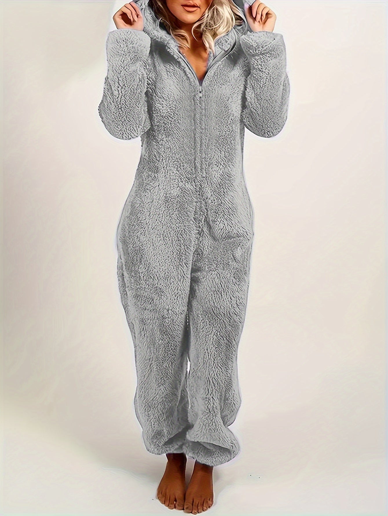 Women's Plush Fleece Pajama Jumpsuit - Hooded, Zip-Up, Easy-Care,