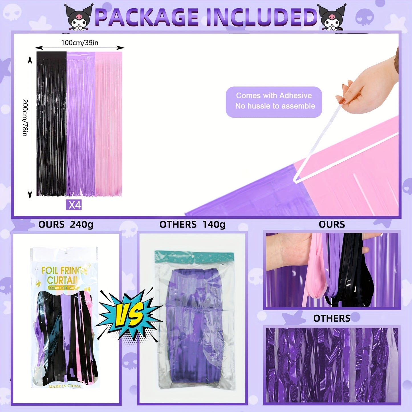Kuromi Birthday Party Decorations, 1/2/4pcs Kuromi Party Photo Booth Props, Hot Pink Teal Pink Fringed Background with Tinsel Photo Streamers for Kuromi Birthday Party Supplies
