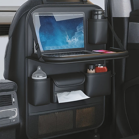 PU Leather Car Back Seat Storage Box with Foldable Dining Table And Cup Holder, Multifunctional Storage Bag, Vehicle Seat Protector, And Anti-Kick Mat.