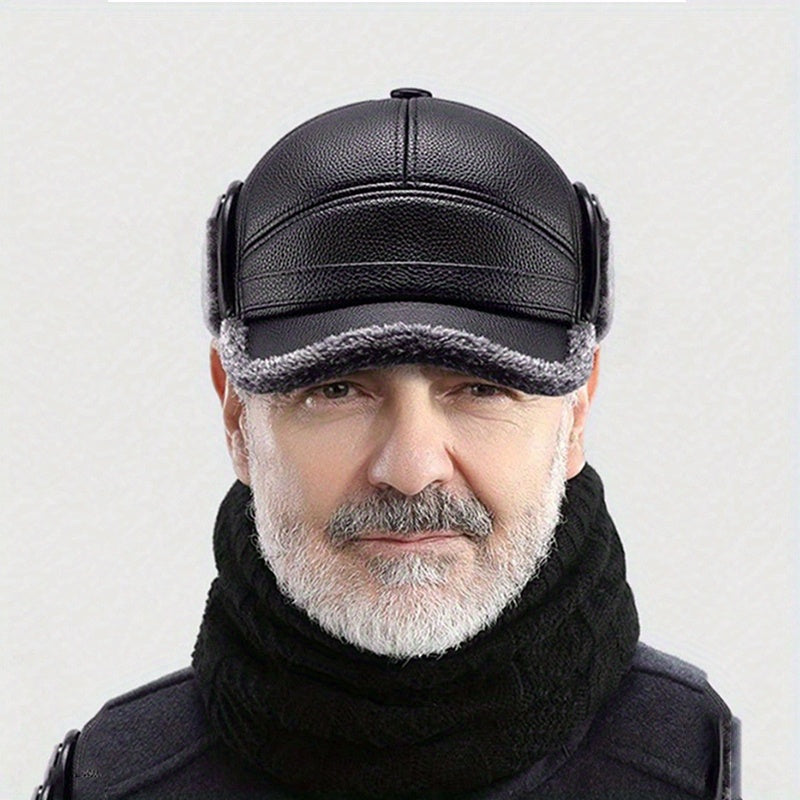 Men's Winter Warm Hat Thickened Ear Flap Cap with Faux Leather