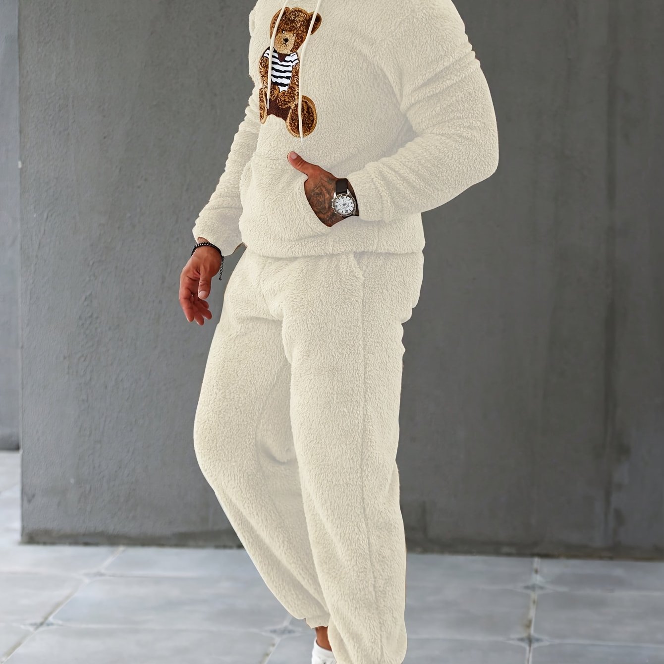 2Pcs Men's Fuzzy Fleece Casual Hoodies Long Sleeve Hooded Sweatshirt And Sweatpants Joggers Set For Winter Fall