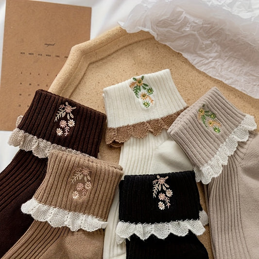 5-Pack Floral Embroidered Lace Trim Ankle Socks - Ribbed Texture, Assorted Colors, Polyester Blend for Teens & Women, Spring/Autumn Casual & Formal Wear, Instagrammable Vintage Style, Scalloped Sock Design | Embroidered Detai