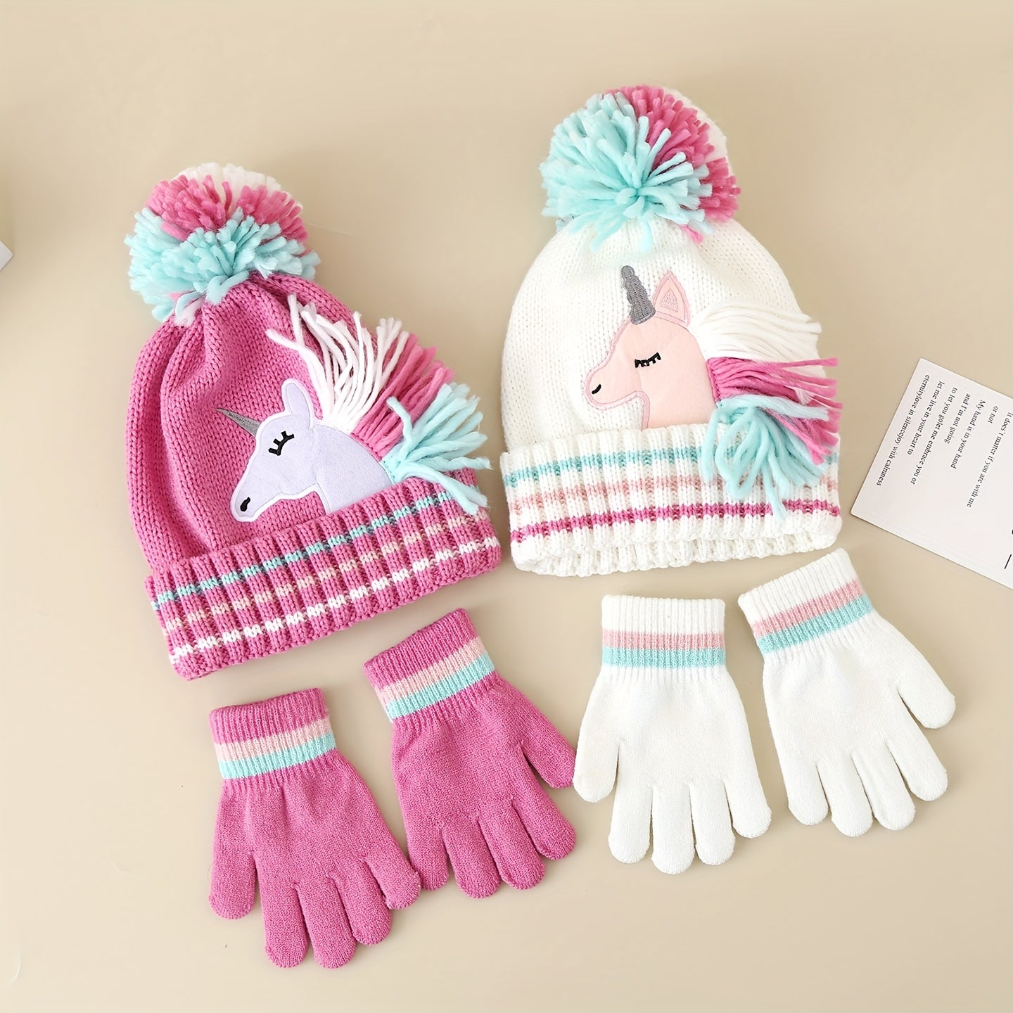 Winter Girls' Unicorn Knitted Hat and Gloves Set,