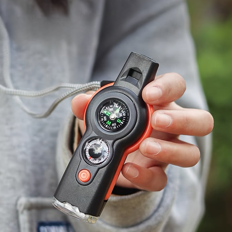 7-in-1 Survival Whistle with Compass, Magnifying Glass, Thermometer, and Emergency Functionality – Durable ABS Material, Black & Orange Design, Perfect for Outdoor Adventures
