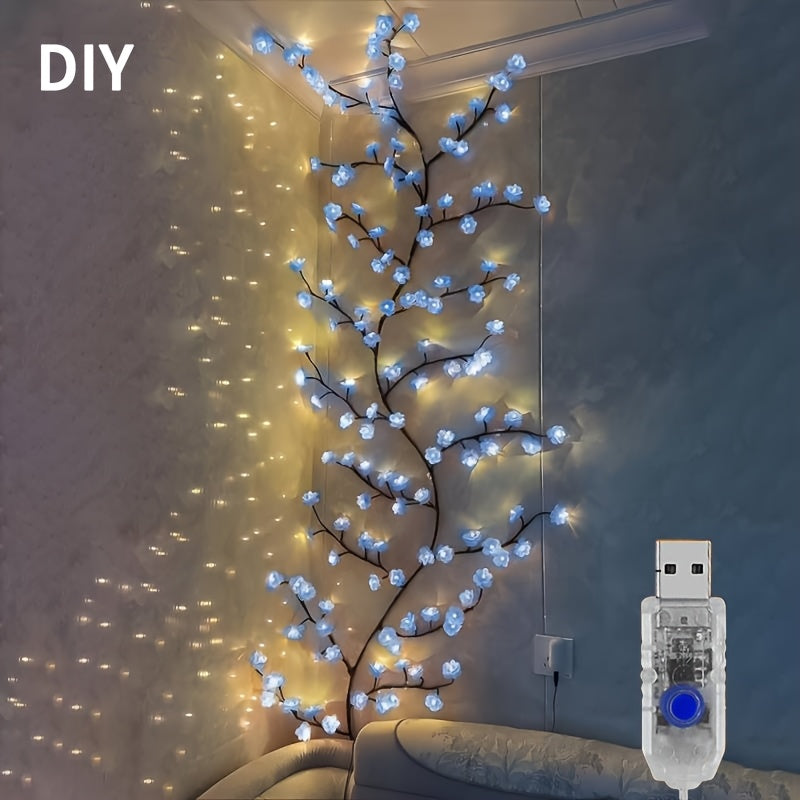 1pc Kinpho Cherry Blossom LED Branch Lights, 72/96/144 LEDs, Flexible and Bendable Sakura Vine String Lights, 8 Flashing Modes, USB Powered, DIY for Indoor Atmosphere Decoration, Ideal for Bedroom, Living Room, Wall, Party, H