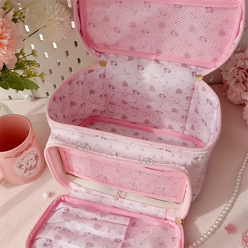 Cute Pink Synthetic Leather Makeup Bag - Large Capacity, Adorable Bear & Heart Design, 1pc | Perfect for Women's Cosmetics Storage