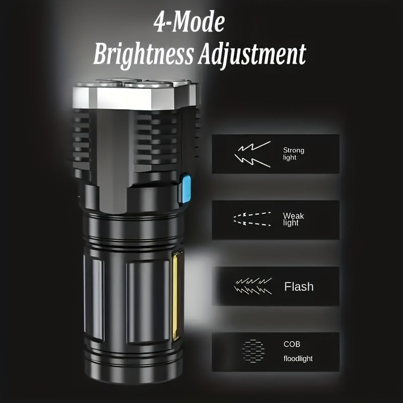 Super Bright 4 LED Tactical Flashlight with COB Side Lamp - USB Rechargeable, Metal Finish, 200 Lumens, 150m Range, ABS Material, No Laser, Rechargeable Battery, Tactical Flashlight|Modern Flashlight|Durable Construction, LED