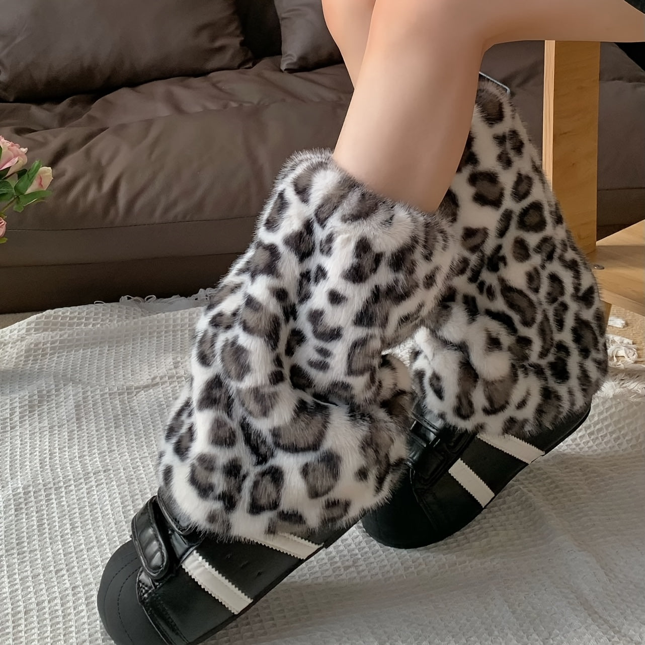 Women'S Plush Fleece-Lined Leopard Print Leg Warmers