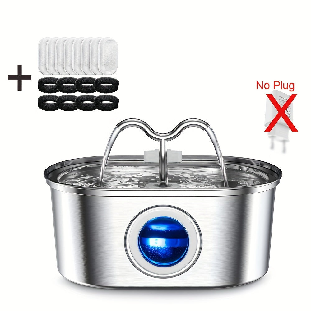 Stainless Steel Double Head Automatic Pet Water Dispenser, Large Capacity Mute Filter Dog Water Bowl, USB Powered, No Plug Required, Without Battery