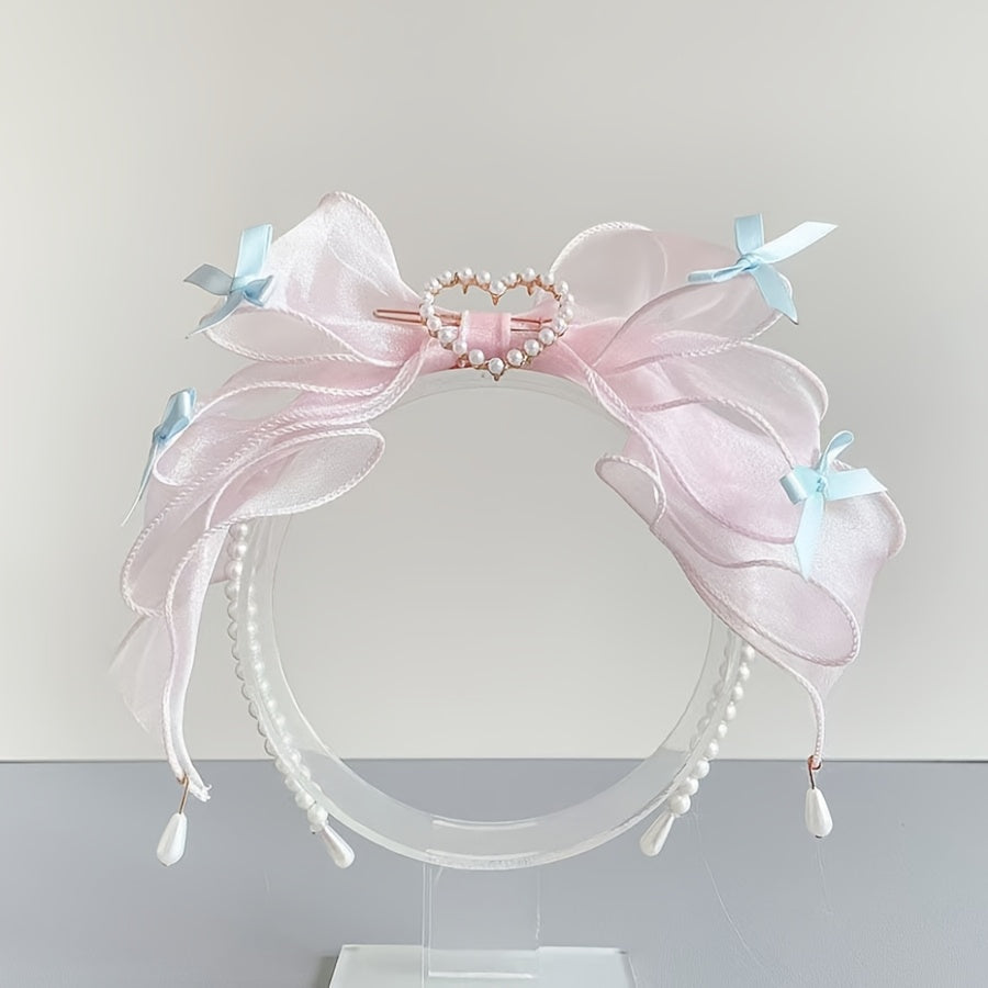 Elegant Light Blue Mesh Bow Headband - Chic, Faux Pearls & Heart Accent, 1pc, Perfect for Women, Parties or Special Occasions
