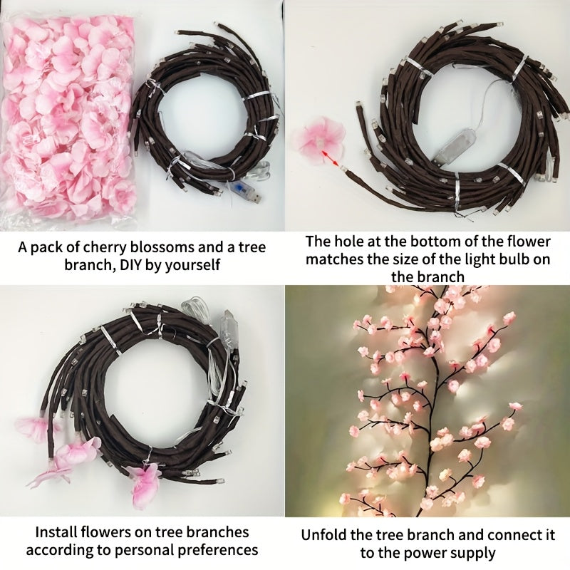 1pc Kinpho Cherry Blossom LED Branch Lights, 72/96/144 LEDs, Flexible and Bendable Sakura Vine String Lights, 8 Flashing Modes, USB Powered, DIY for Indoor Atmosphere Decoration, Ideal for Bedroom, Living Room, Wall, Party, H