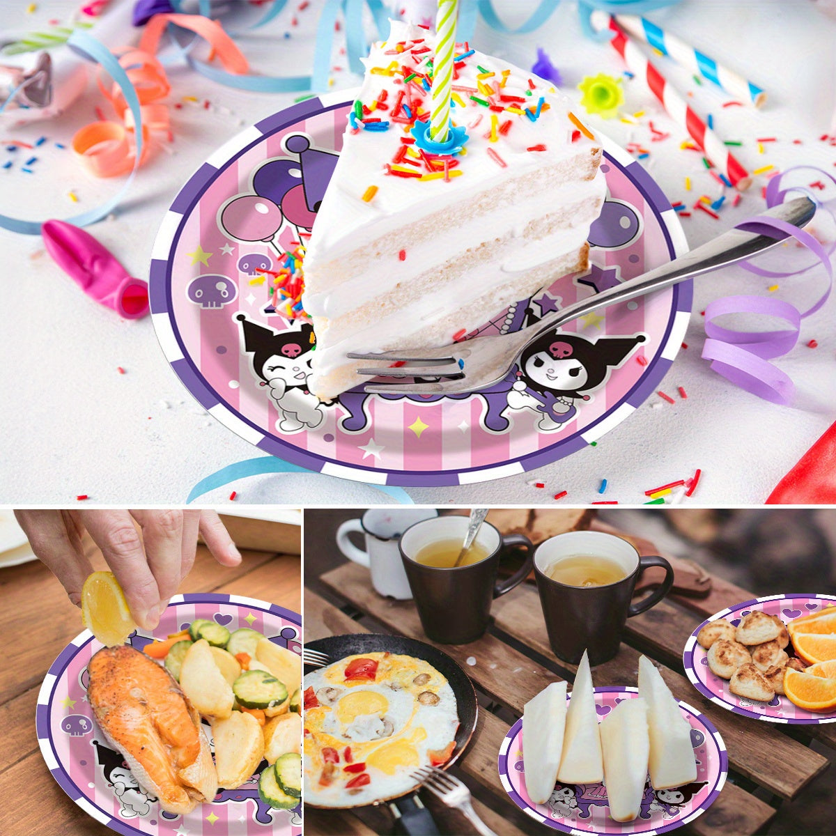 100pcs Kuromi Disposables Cutlery Sets Includes 20 Dinner Plates 20 Dessert Plates 20 Cups & 40 Paper Napkins, Disposable Party Dinnerware Set for Camping, Picnics, Yard BBQ, Party Supplies Set for Wedding Birthday Party