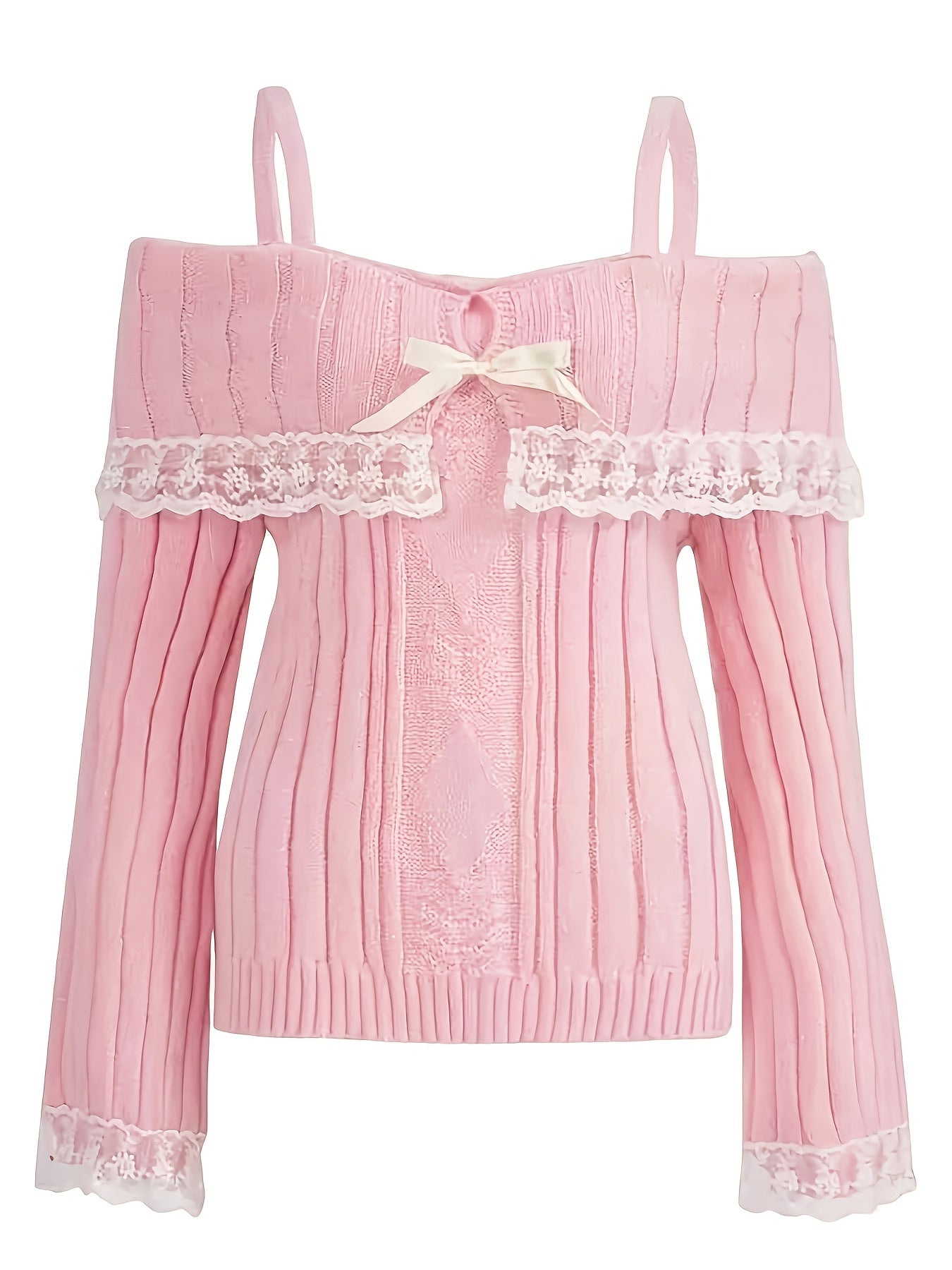 [Solid Color Slight Stretch Sweater] Cute Off the Shoulder Knitted Sweater, Long Sleeve Solid Color Pullover with Contrast Lace, Viscose Material, Slight Stretch, Regular Length, Fall/Winter Season