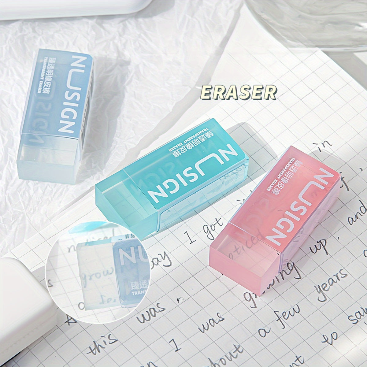 [Cute Eraser] Transparent Visible Design Rectangle Synthetic Rubber Eraser | Deli Lovely, Simple Solid Color, Cute Student School Supplies