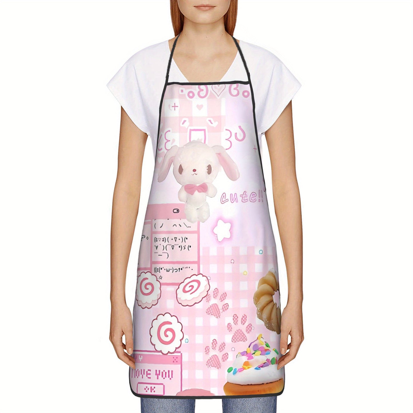 1pc Sanrio Cutecore Pink Apron with Bunny & Hearts Design - Durable Polyester Unisex Kitchen Bib for Cooking, Baking, Painting - Fun Aesthetic Chef Accessory for Adults, Cooking Wear