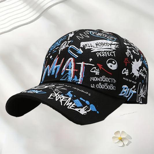 Black Baseball Cap with "WHAT" Design - Lightweight, Polyester, Adjustable Snapback, Ideal for Spring & Summer, Everyday Headgear | Adjustable Headgear | Lightweight Cap