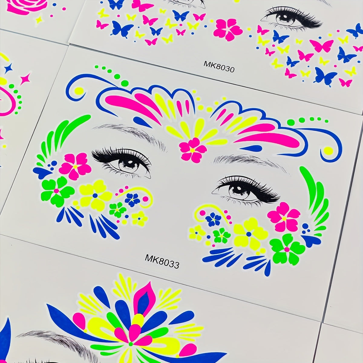 9 Sheets Neon Temporary Tattoos, Blacklight Waterproof Tattoo Stickers, Facial & Body Art Makeup for Night Parties, Music Festivals, and Events, Various Design