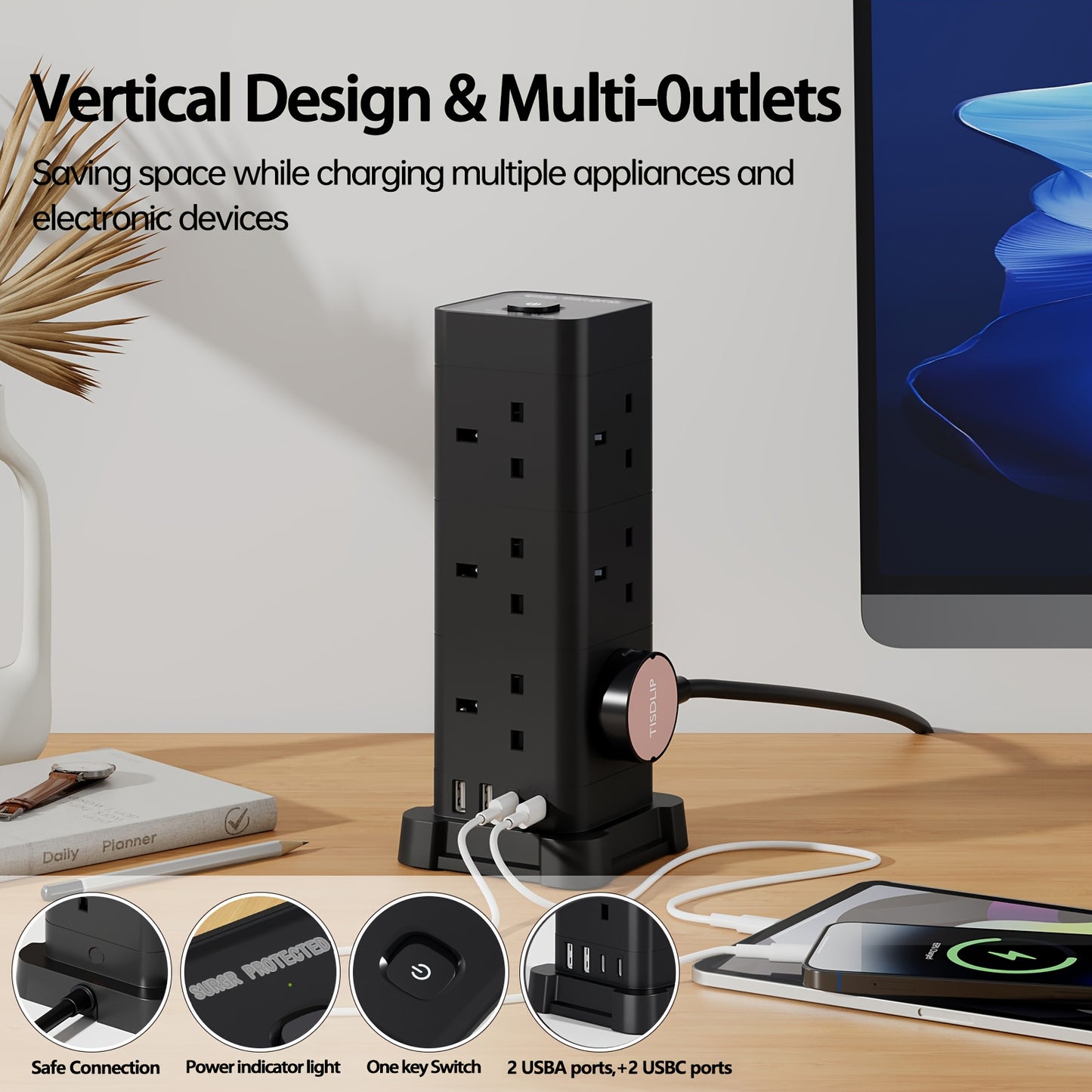 16-in-1 UK Power Strip Tower with USB