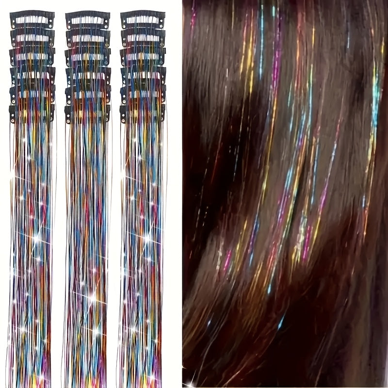 12-Pack Unisex-Adult Metallic Tinsel Hair Tinsel Extensions, No Trace Clip-In Colorful Strands, Heat Resistant Shiny Glitter Sequins for Party Cosplay Festive Role Play