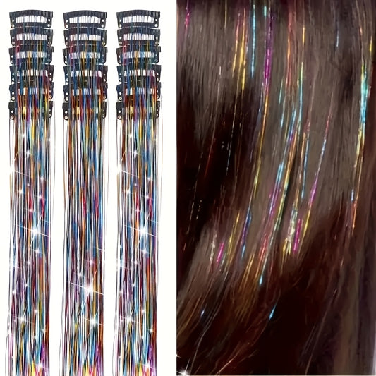 12-Pack Unisex-Adult Metallic Tinsel Hair Tinsel Extensions, No Trace Clip-In Colorful Strands, Heat Resistant Shiny Glitter Sequins for Party Cosplay Festive Role Play